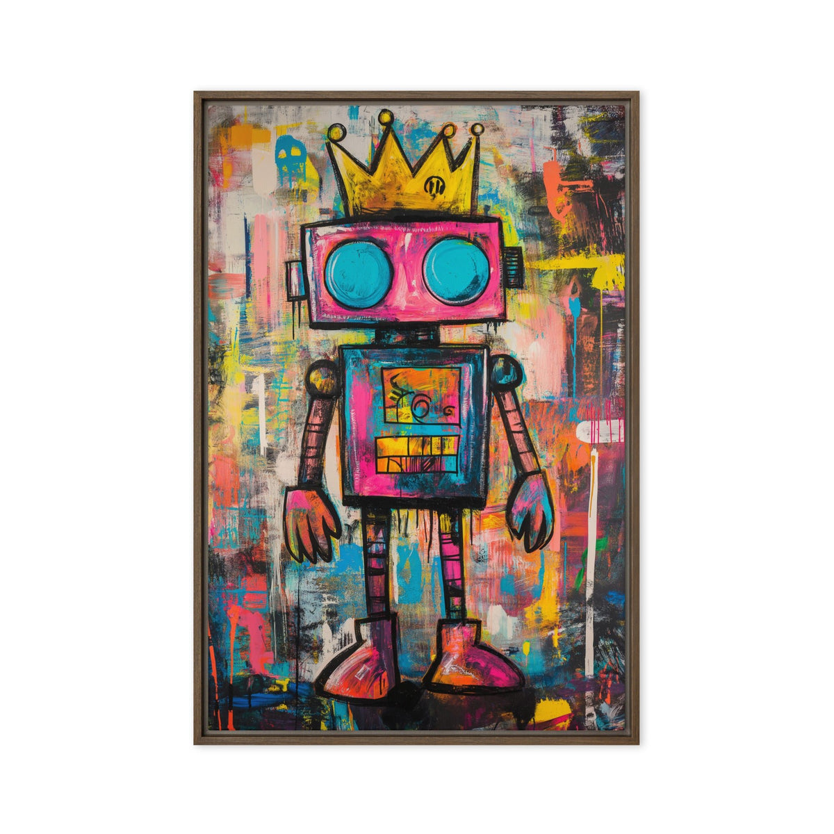 Pink crowned robot with turquoise round eyes against multicoloured graffiti, brown frame front view, 24 × 36 in nominal width × height