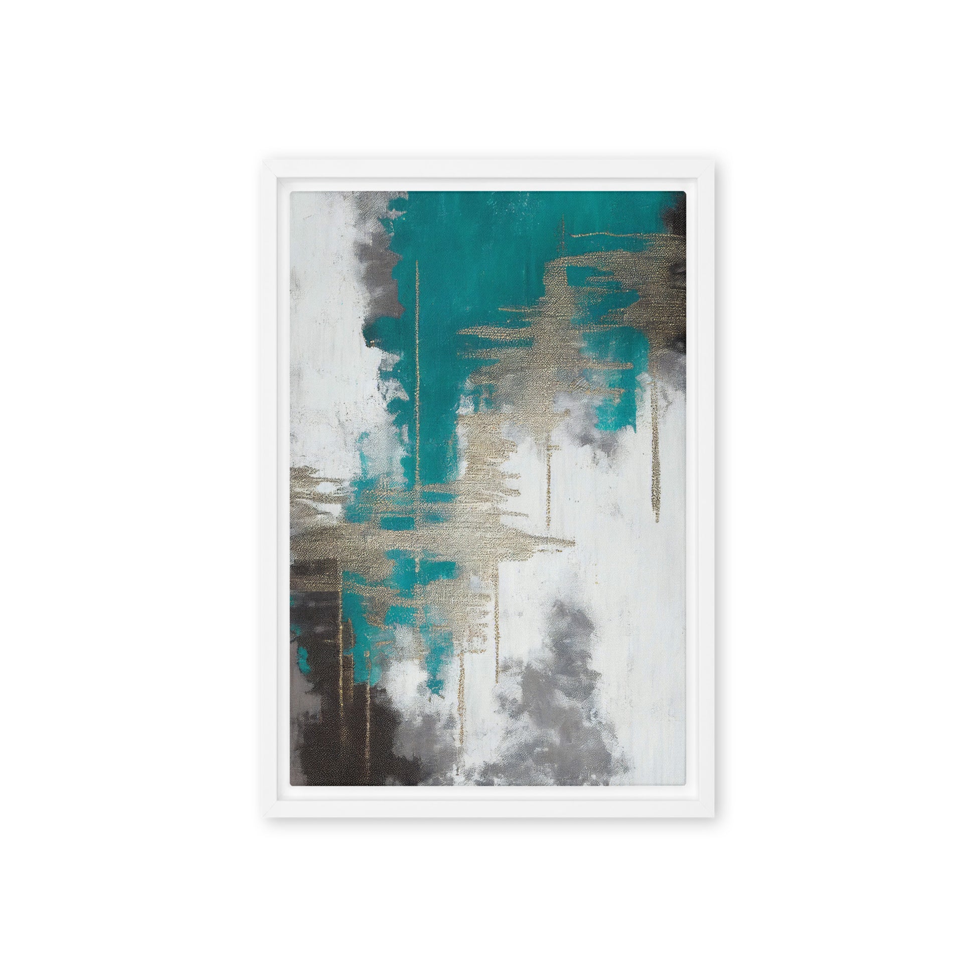Teal White Grey Silver Modern Art Framed Canvas