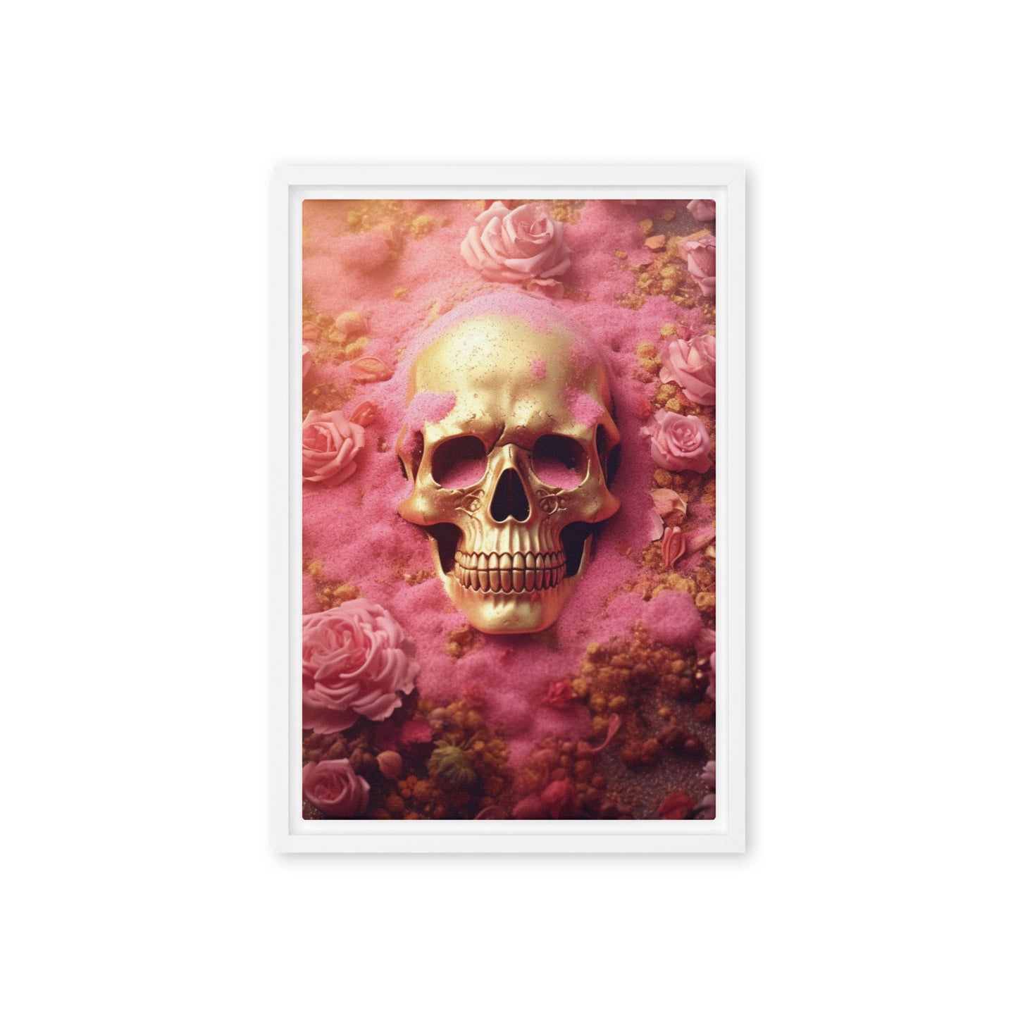 Skull In Pink Flowers Framed Canvas