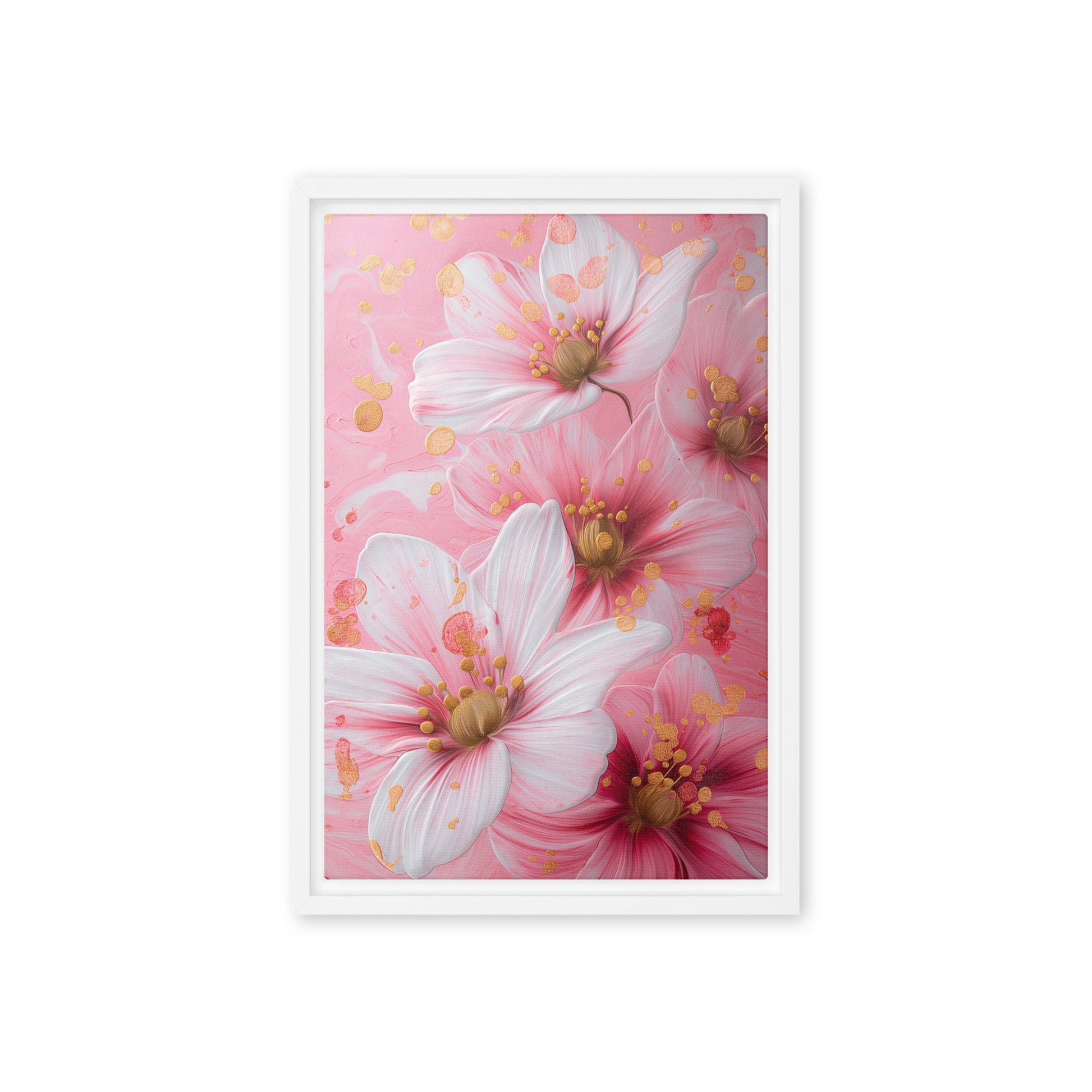 White Pink Flowers Floral Art Framed Canvas