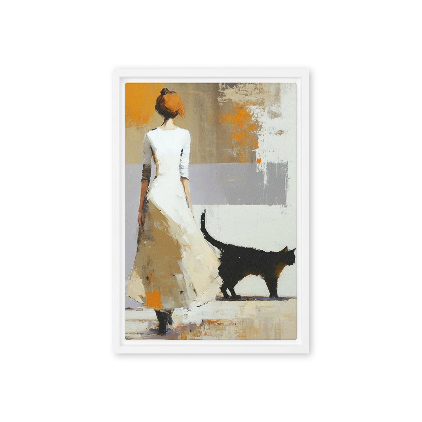 Woman with Black Cat Modern Art Framed Canvas