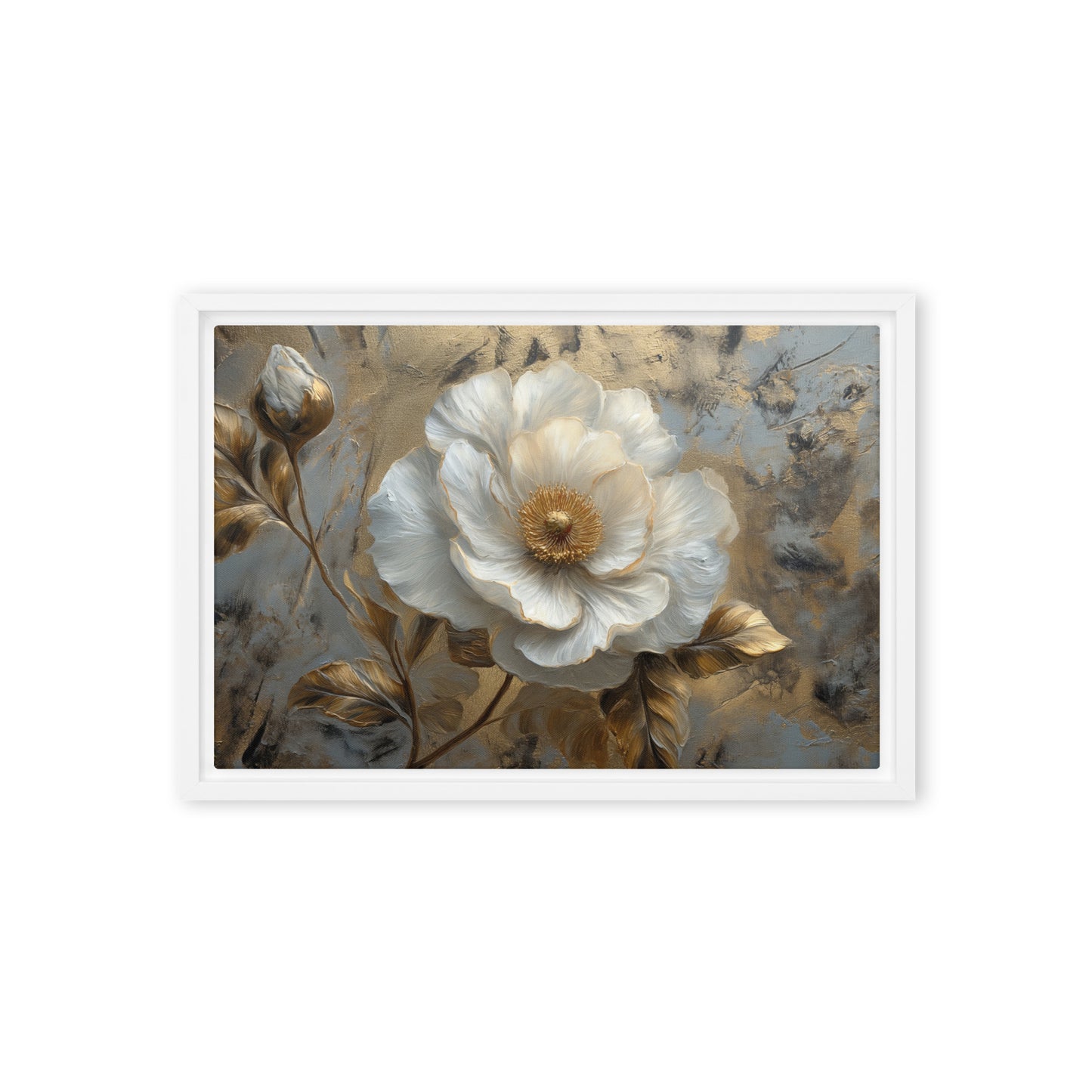White and Gold Flowers Floral Art Framed Canvas
