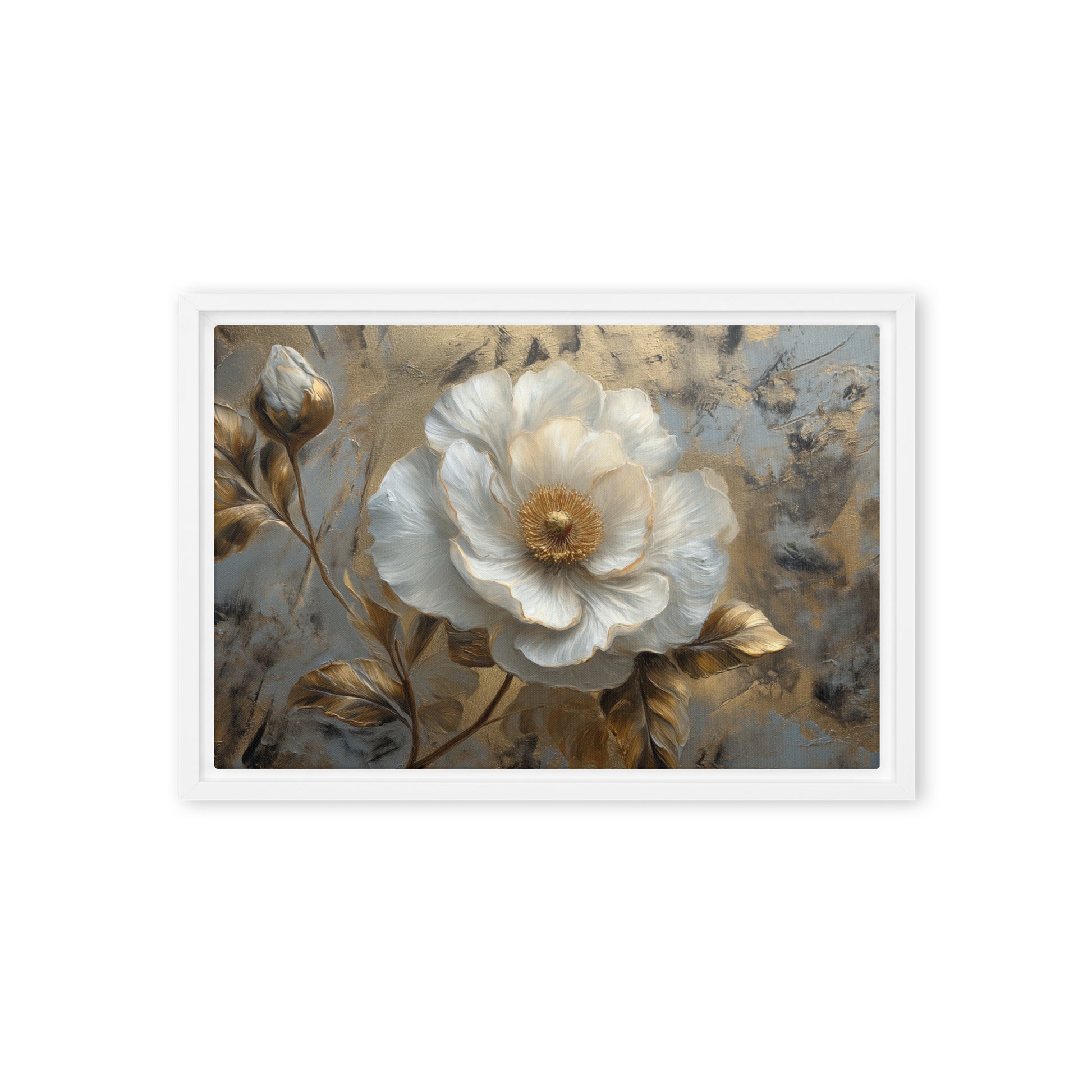 White and Gold Flowers Floral Art Framed Canvas