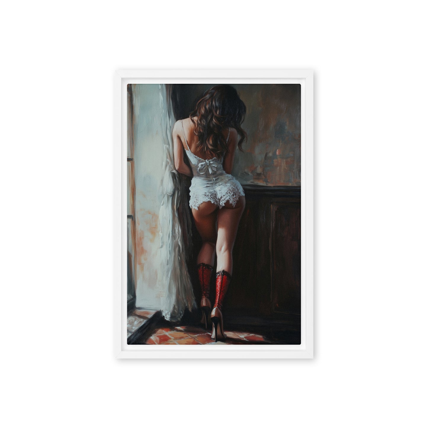 Woman In Lingerie Sensual Art Framed Canvas - PaintFu