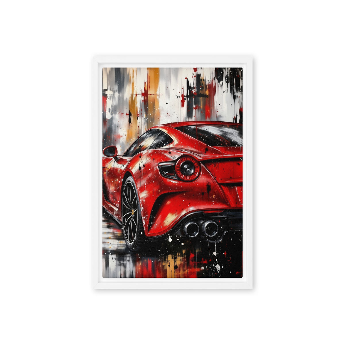 Red sports car with black, white and ochre street-art brushwork, 12 x 18 inch canvas in a white frame
