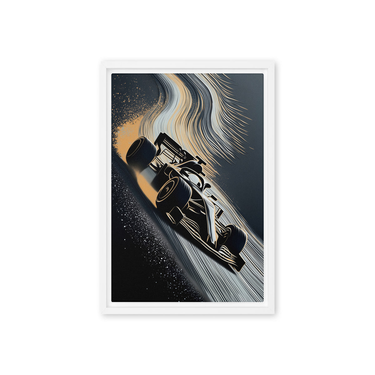 A black open-wheel racing car cuts diagonally through white and gold-toned sweeping lines; front view in a white frame, 12 x 18 in canvas