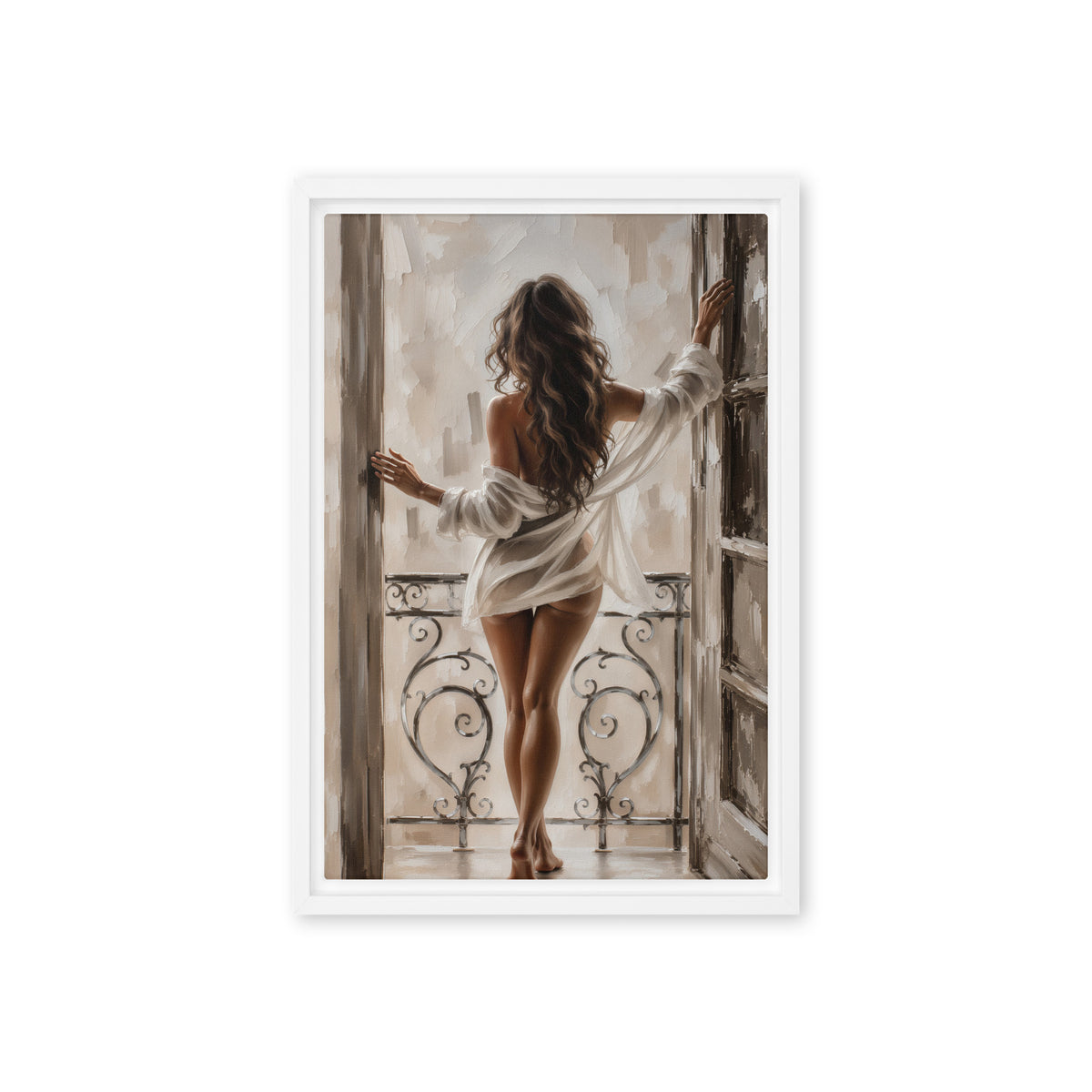 A brunette woman seen from behind stands at an open balcony doorway in a loosely draped white shirt; front view in a white frame, 12 x 18 in canvas