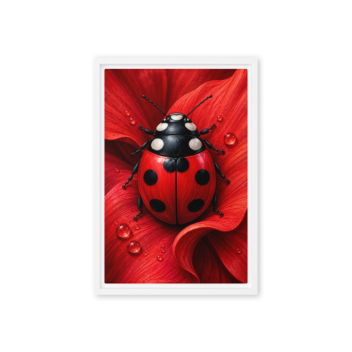 A red and black ladybug rests on a curled red flower petal dotted with water droplets; front view in a white frame, 12 x 18 in canvas