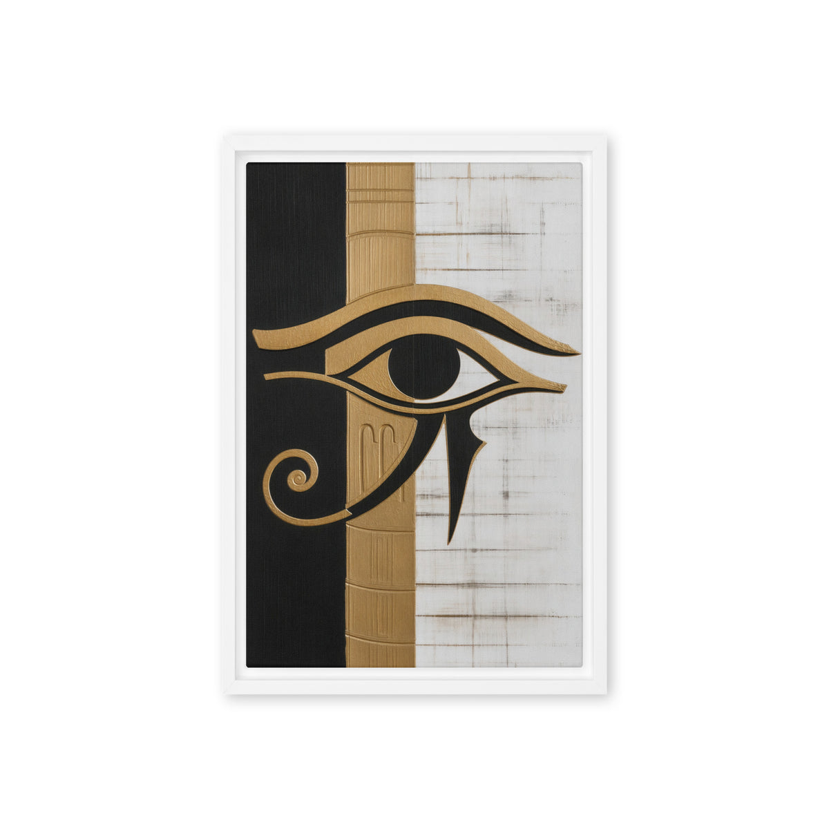 A black and gold-toned Eye of Horus crosses vertical black, gold and white panels; front view in a white frame, 12 x 18 in canvas