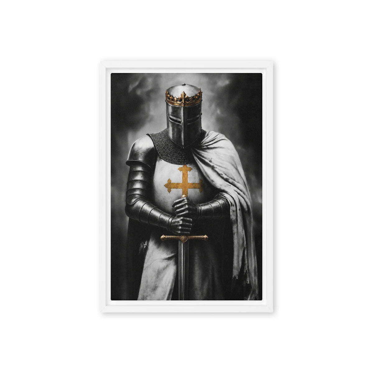 A crowned knight in dark armour, a white cloak and a gold cross holds an upright sword; front view in a white frame, 12 x 18 in canvas