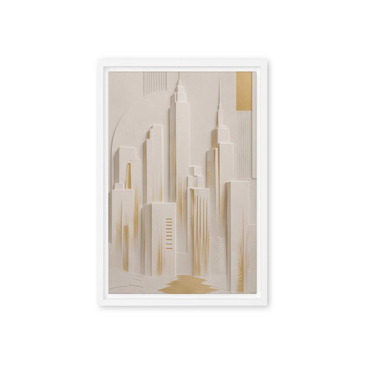 Stylised ivory Manhattan skyline with slender towers, pale shadows and gold-coloured accents, white frame, 12″×18″ front view