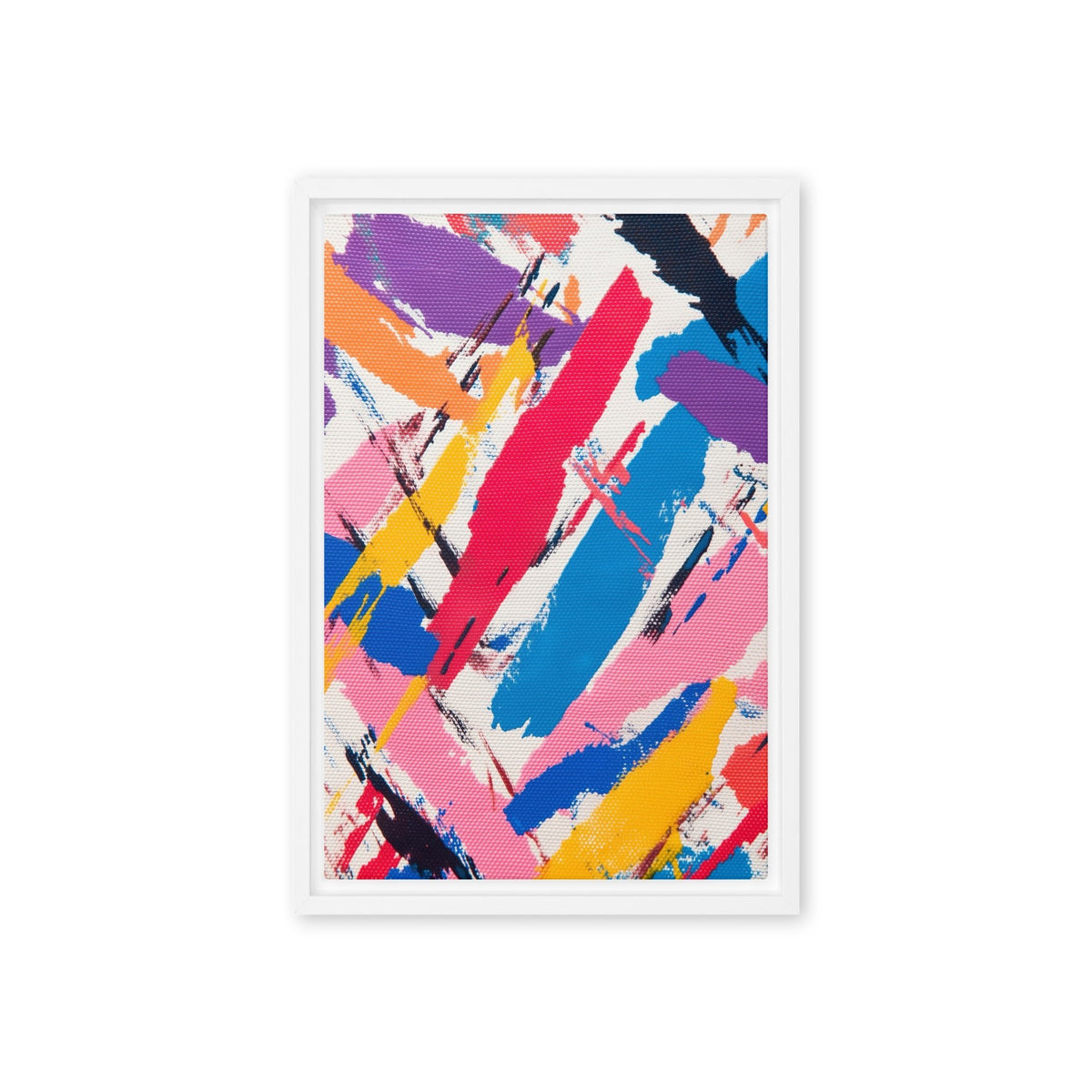 Overlapping pink, blue, red, yellow and purple diagonal brushstrokes with white and dark marks, white frame, 12″×18″ front view