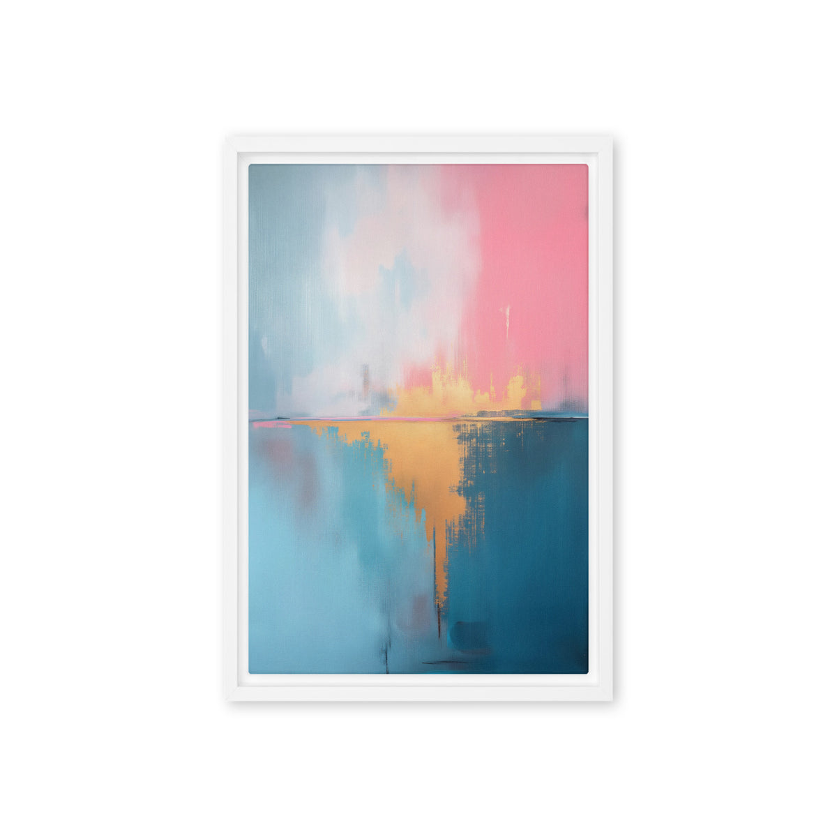 Pink and pale blue abstract colour fields above deep teal with a gold-toned central reflection, white frame, 12″×18″ front view