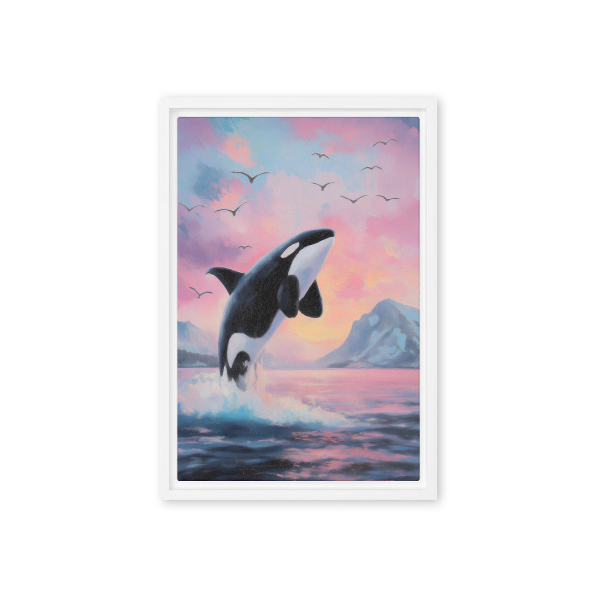 Leaping black-and-white orca above blue waves beneath a pink sunset sky, white frame, 12″×18″ front view