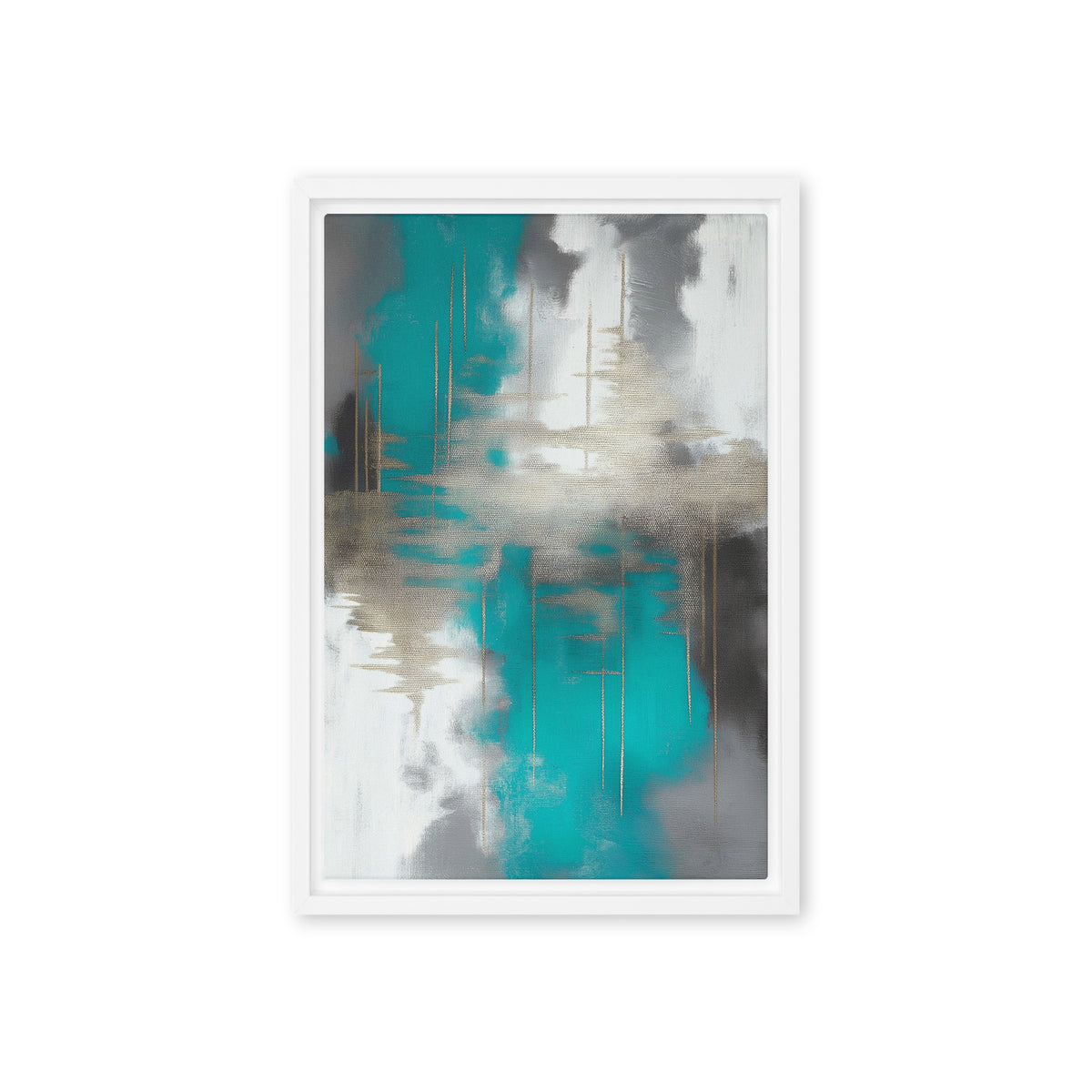 Teal and grey abstract brushwork crossed by muted gold-toned horizontal marks, front view with white frame, 12″×18″ nominal canvas