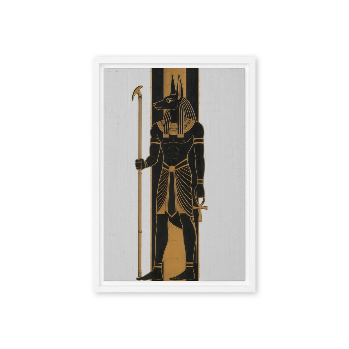 Black and gold Anubis figure holding a staff against pale vertical panels, front view with white frame, 12″×18″ nominal canvas