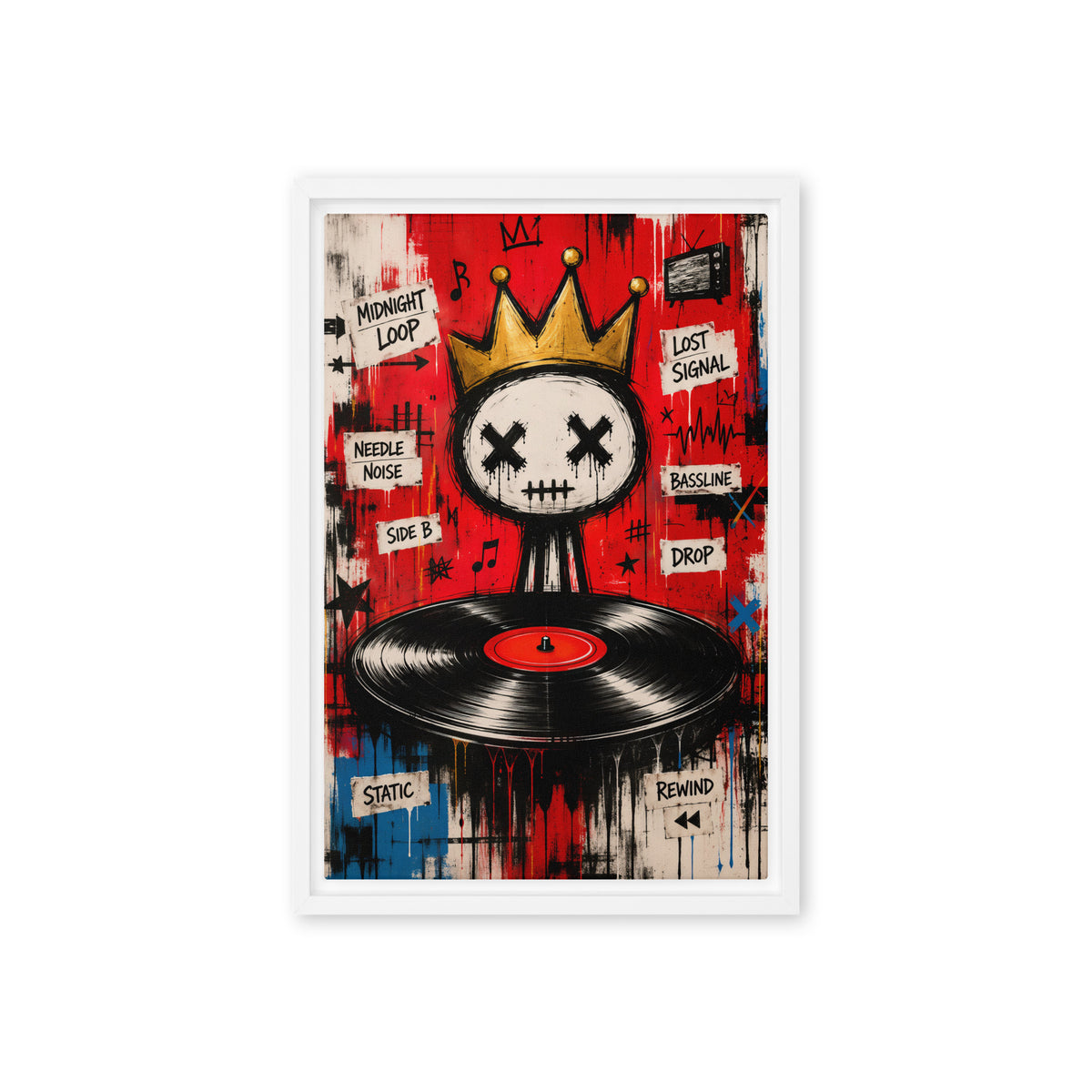 Crowned skull above a black vinyl record in a red and blue graffiti collage, front view with white frame, 12″×18″ nominal canvas