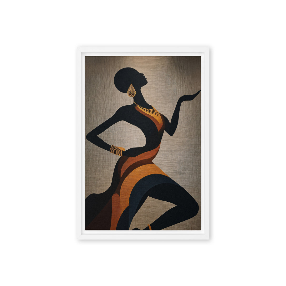 Stylised black female silhouette in orange drapery on a warm grey ground, front view with white frame, 12″×18″ nominal canvas