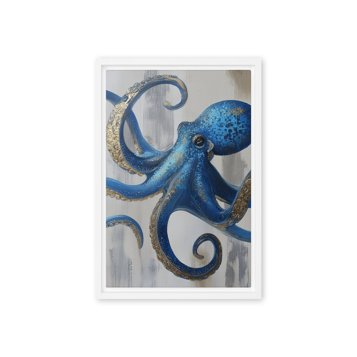 Blue octopus with curling gold-detailed tentacles on pale grey, front view with white frame, 12″×18″ nominal canvas