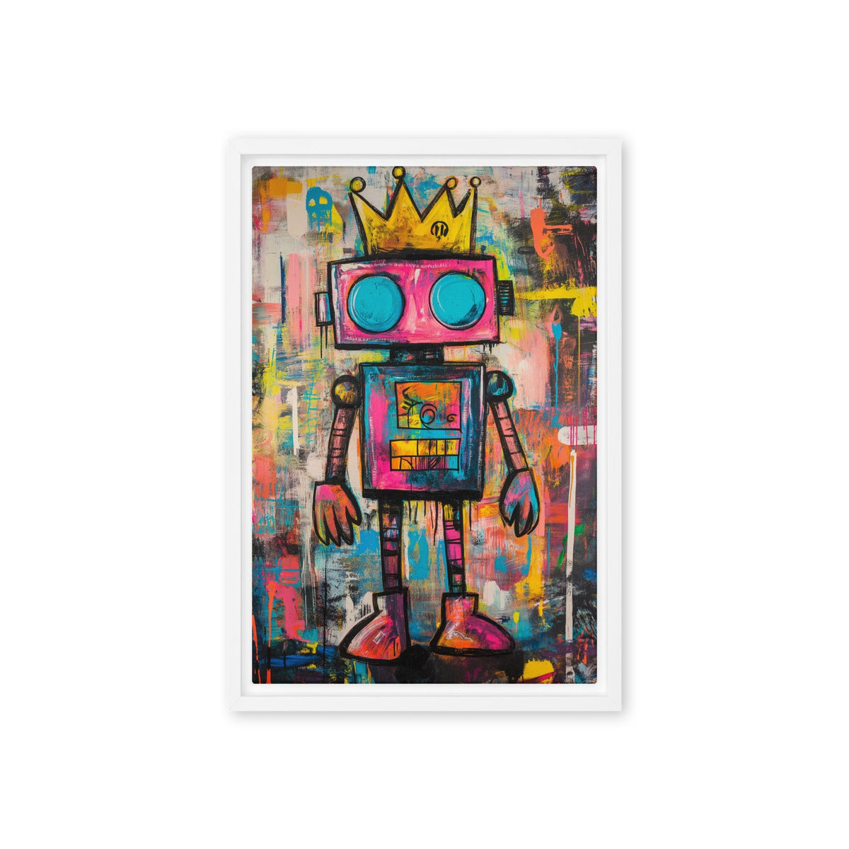 Pink crowned robot with turquoise round eyes against multicoloured graffiti, white frame front view, 12 × 18 in nominal width × height