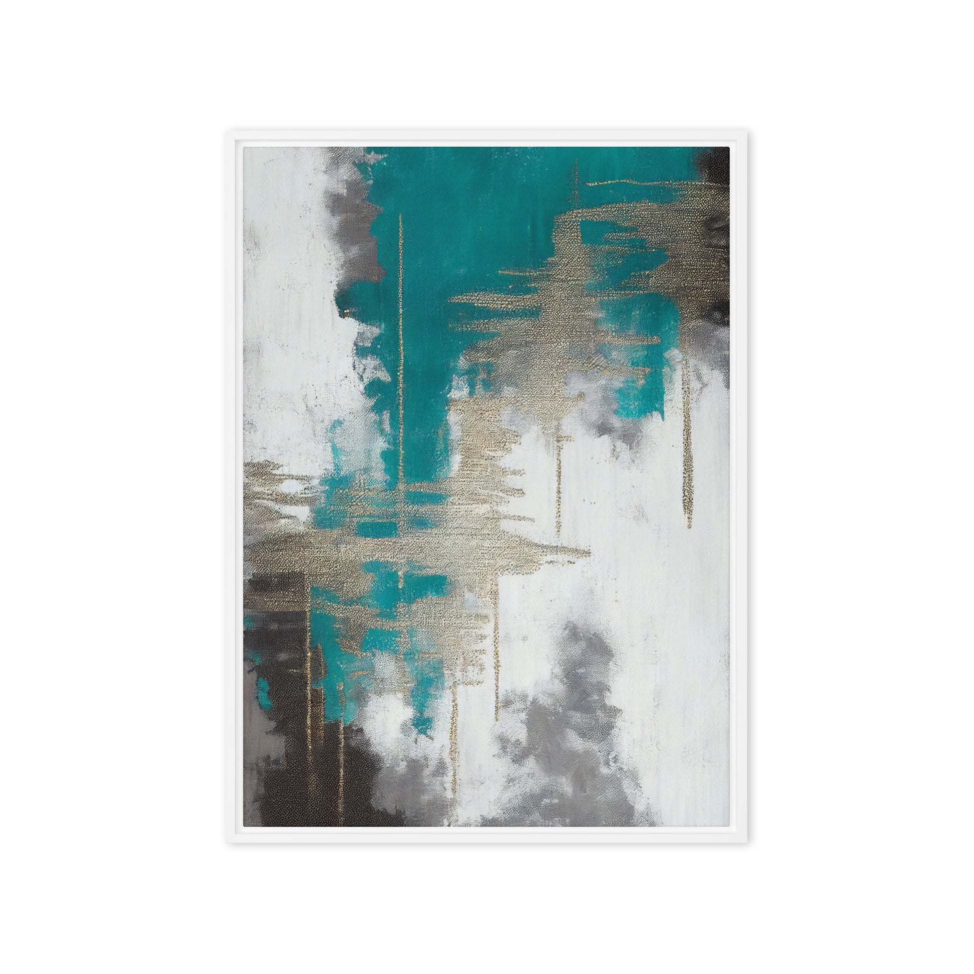 Teal White Grey Silver Modern Art Framed Canvas