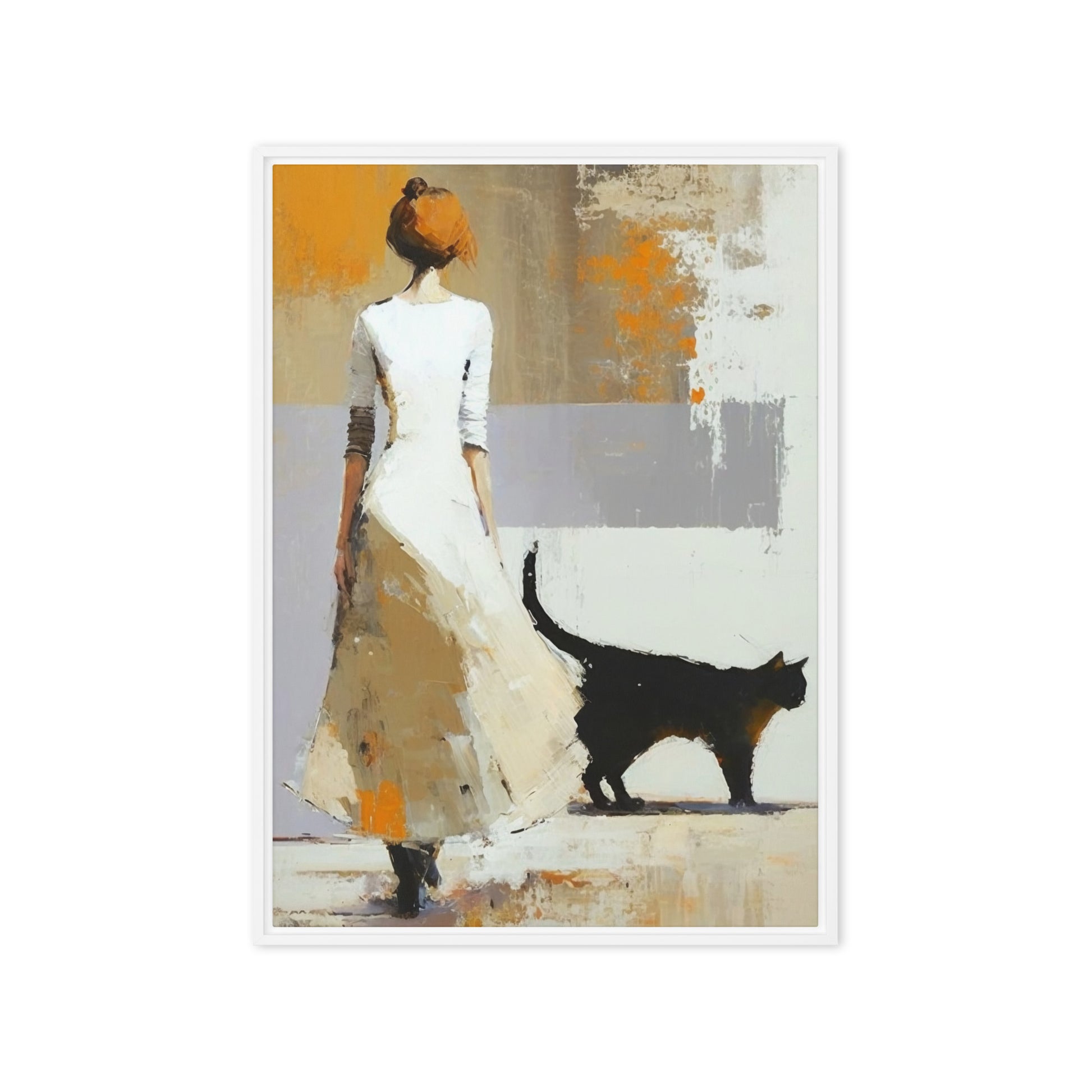 Woman with Black Cat Modern Art Framed Canvas
