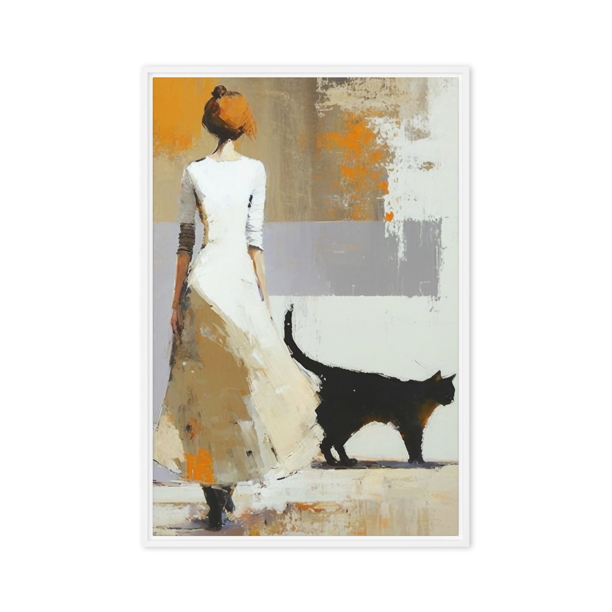 Woman with Black Cat Modern Art Framed Canvas