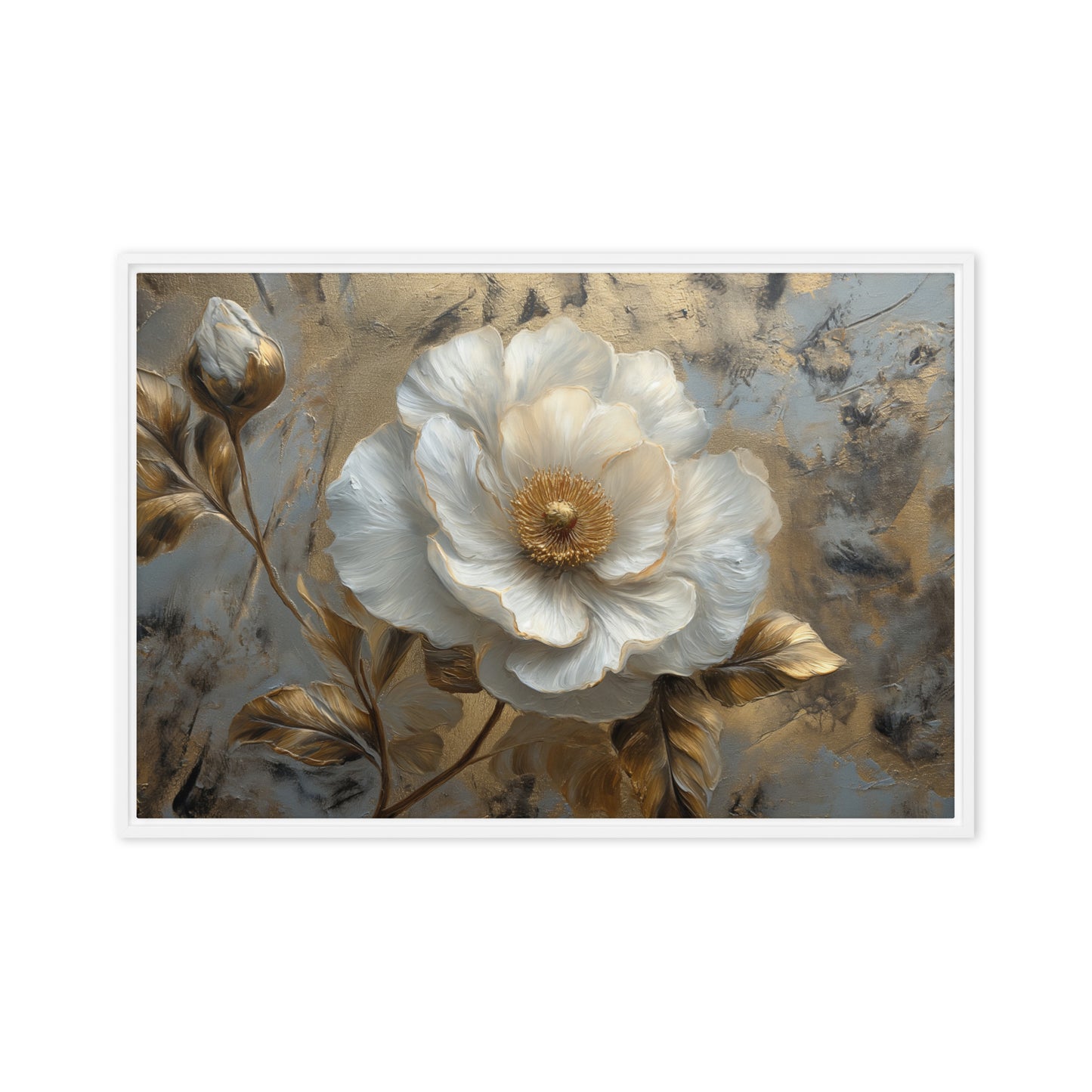 White and Gold Flowers Floral Art Framed Canvas
