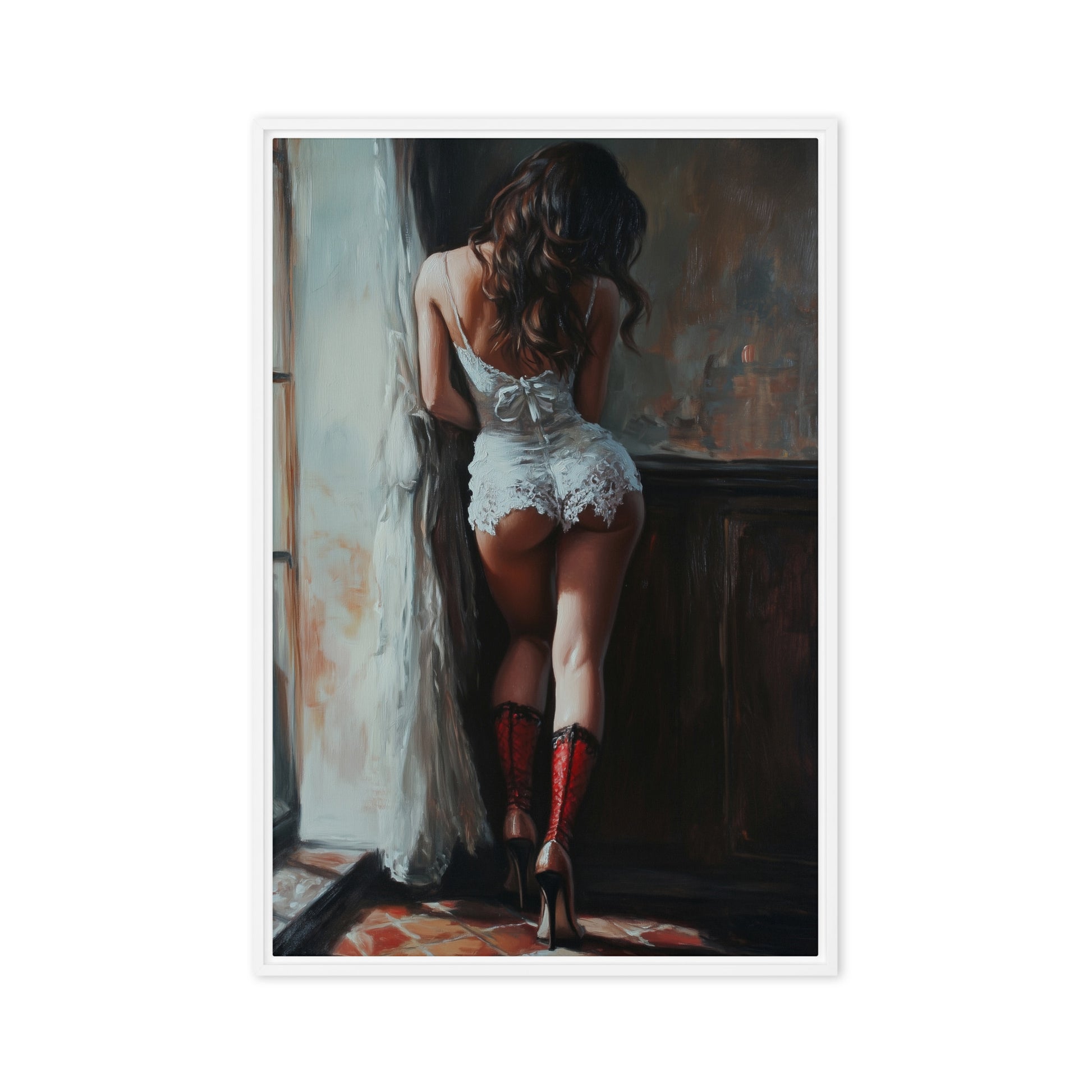Woman In Lingerie Sensual Art Framed Canvas - PaintFu