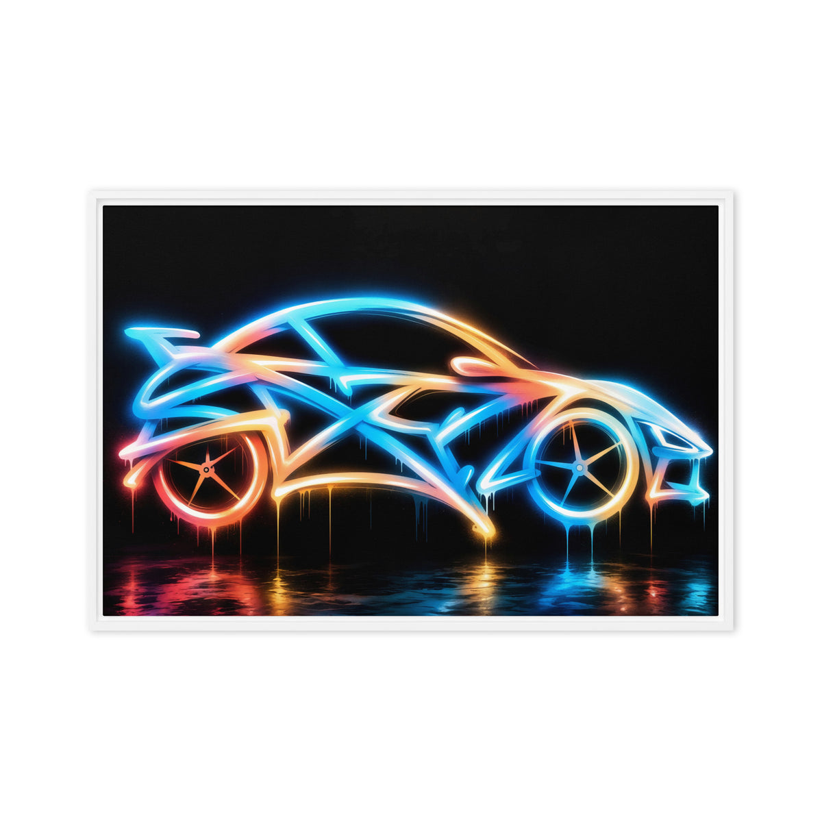 Neon blue sports car with pink and orange graffiti accents on black, shown in a white frame, 20 x 30 inch option