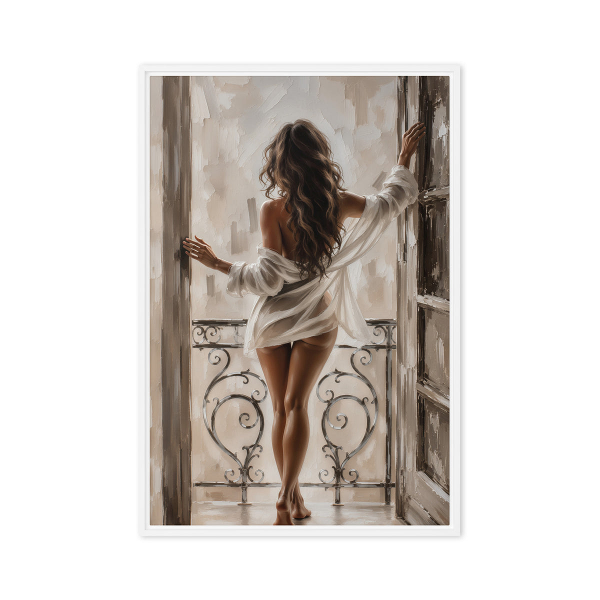 A brunette woman seen from behind stands at an open balcony doorway in a loosely draped white shirt; front view in a white frame, 20 x 30 in canvas