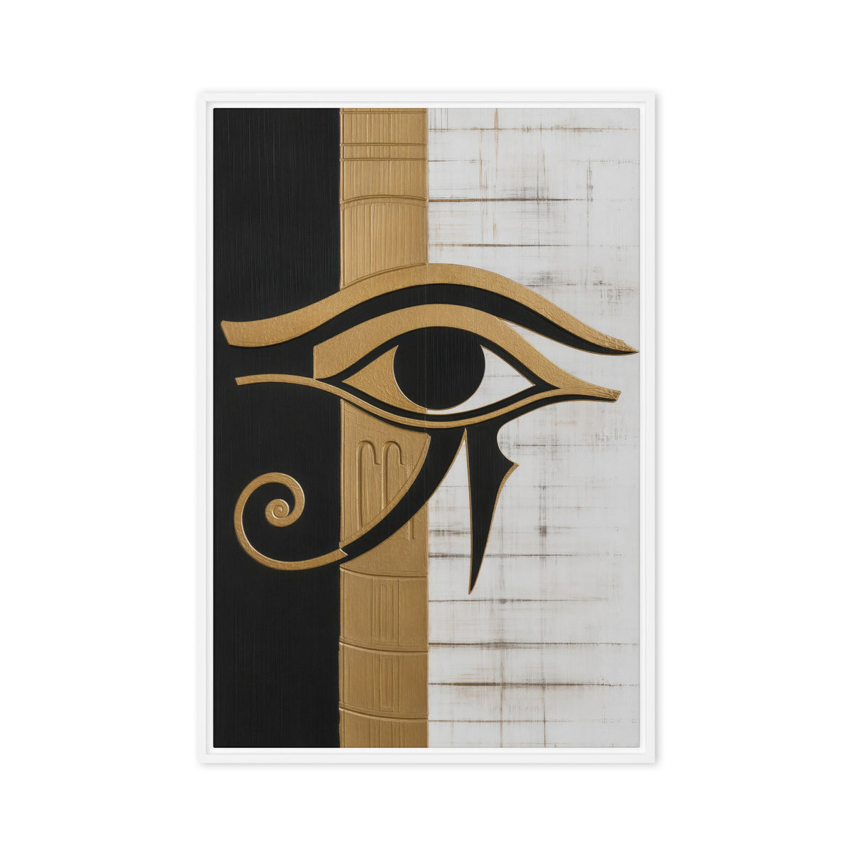 A black and gold-toned Eye of Horus crosses vertical black, gold and white panels; front view in a white frame, 20 x 30 in canvas