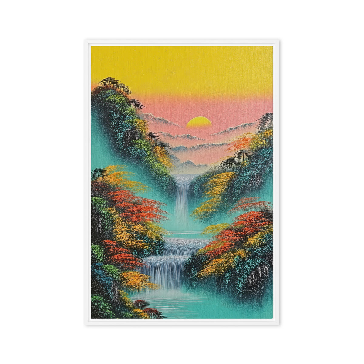 Teal waterfalls between orange-green trees beneath a pink-and-yellow sky and distant sun, white frame, 20″×30″ front view