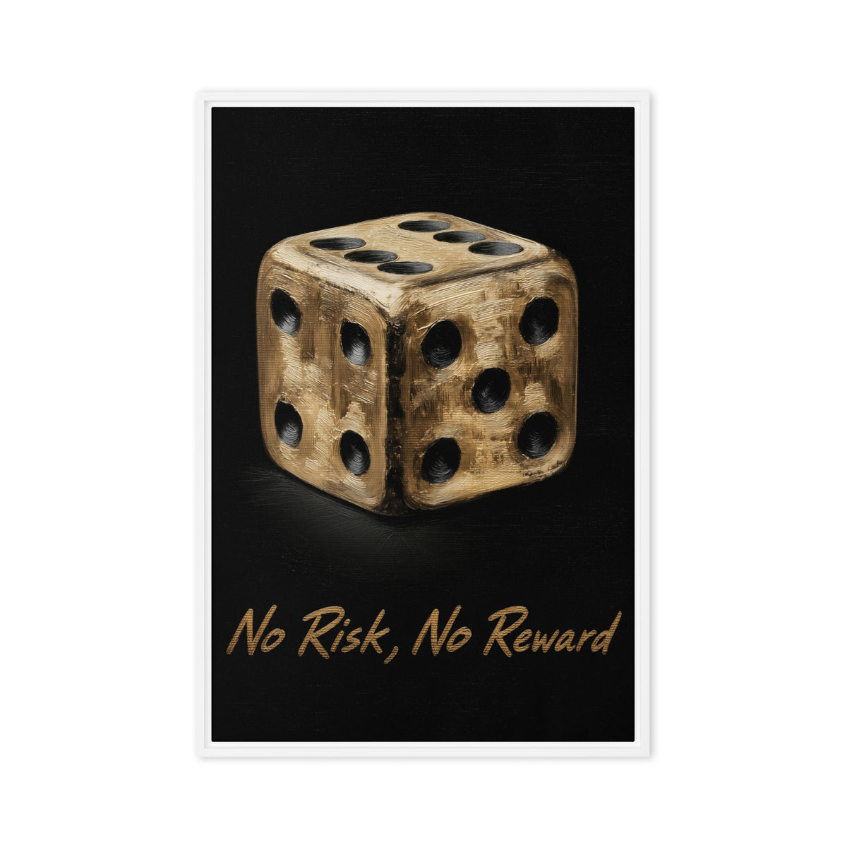 Gold-toned die and No Risk, No Reward lettering on black, white frame front view, 20″×30″ nominal width by height