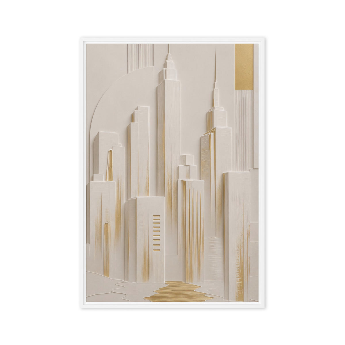 Stylised ivory Manhattan skyline with slender towers, pale shadows and gold-coloured accents, white frame, 20″×30″ front view