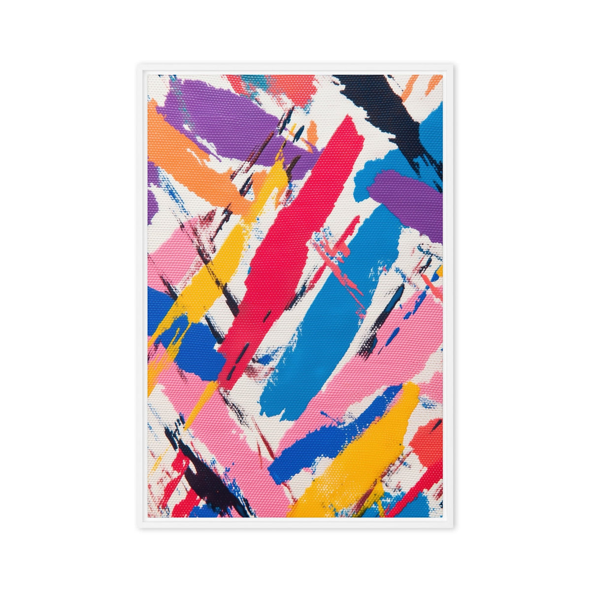 Overlapping pink, blue, red, yellow and purple diagonal brushstrokes with white and dark marks, white frame, 20″×30″ front view