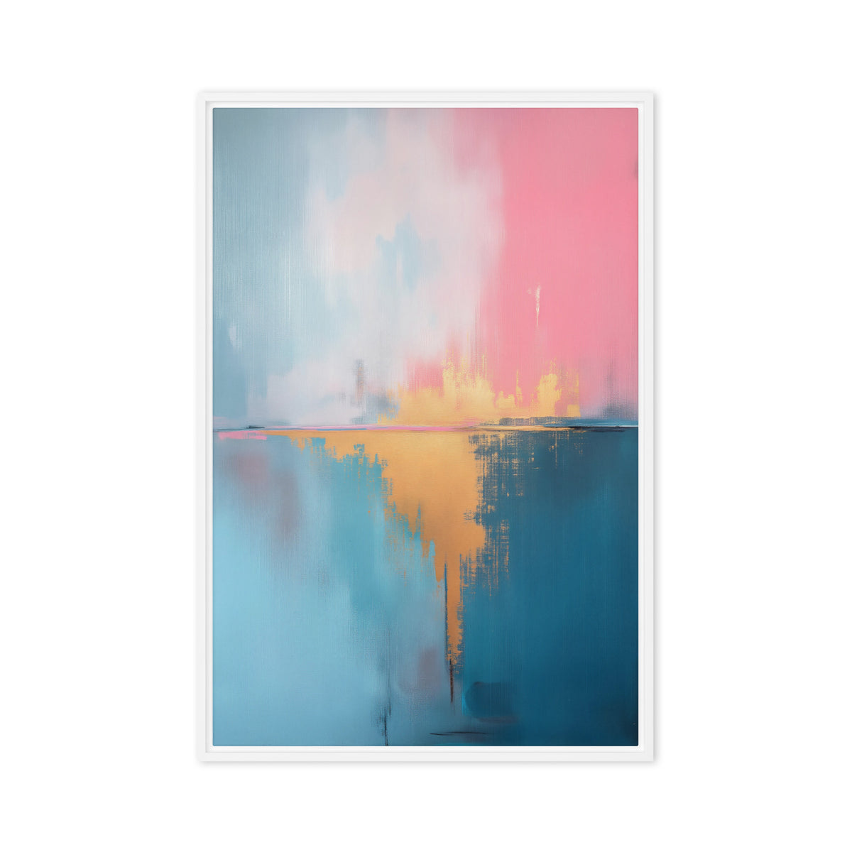 Pink and pale blue abstract colour fields above deep teal with a gold-toned central reflection, white frame, 20″×30″ front view
