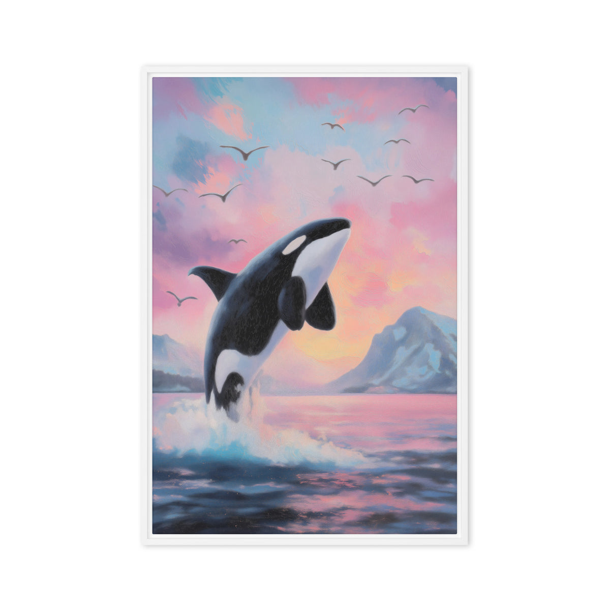 Leaping black-and-white orca above blue waves beneath a pink sunset sky, white frame, 20″×30″ front view