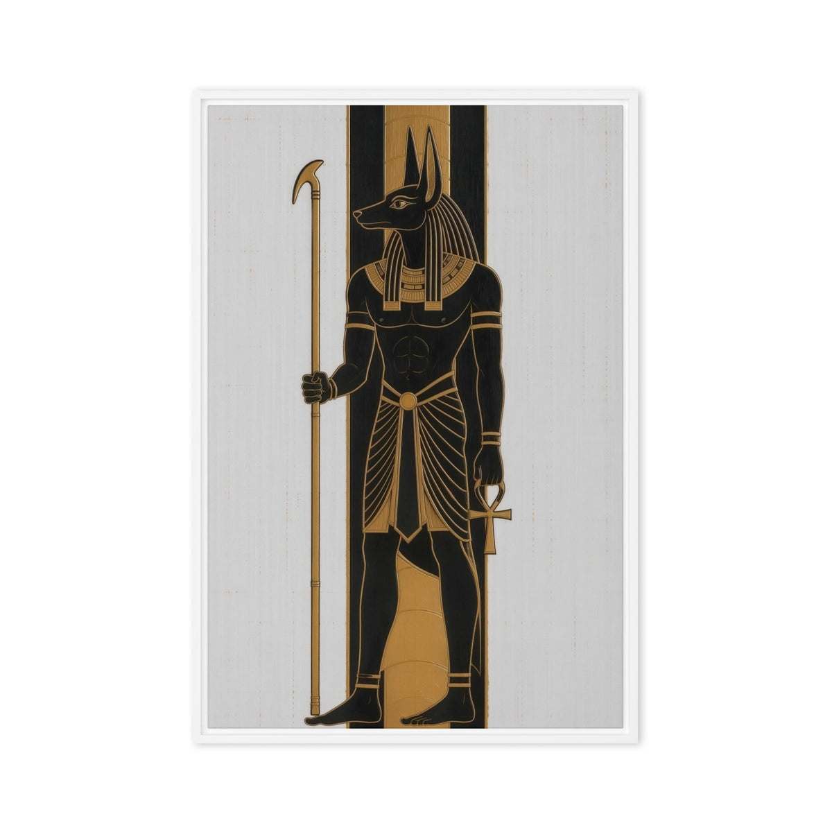 Black and gold Anubis figure holding a staff against pale vertical panels, front view with white frame, 20″×30″ nominal canvas