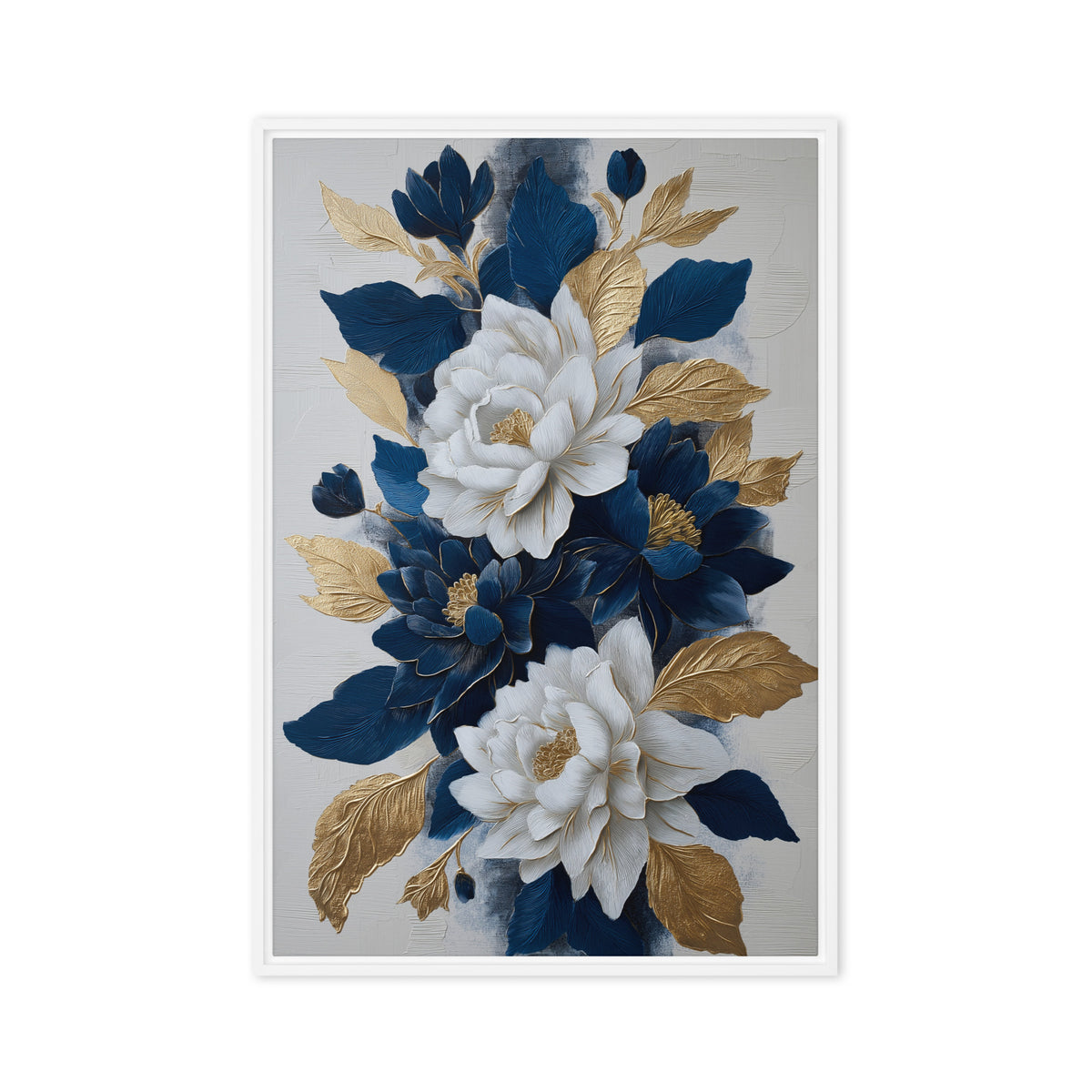 White and navy flowers with gold-toned leaves on a pale background, front view with white frame, 20″×30″ nominal canvas