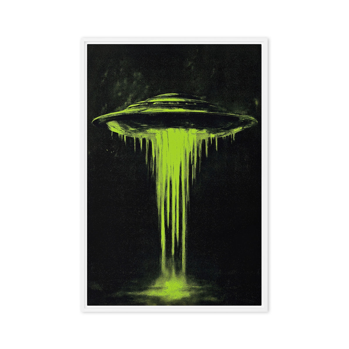 Lime green flying saucer with a dripping beam against black, front view with white frame, 20″×30″ nominal canvas