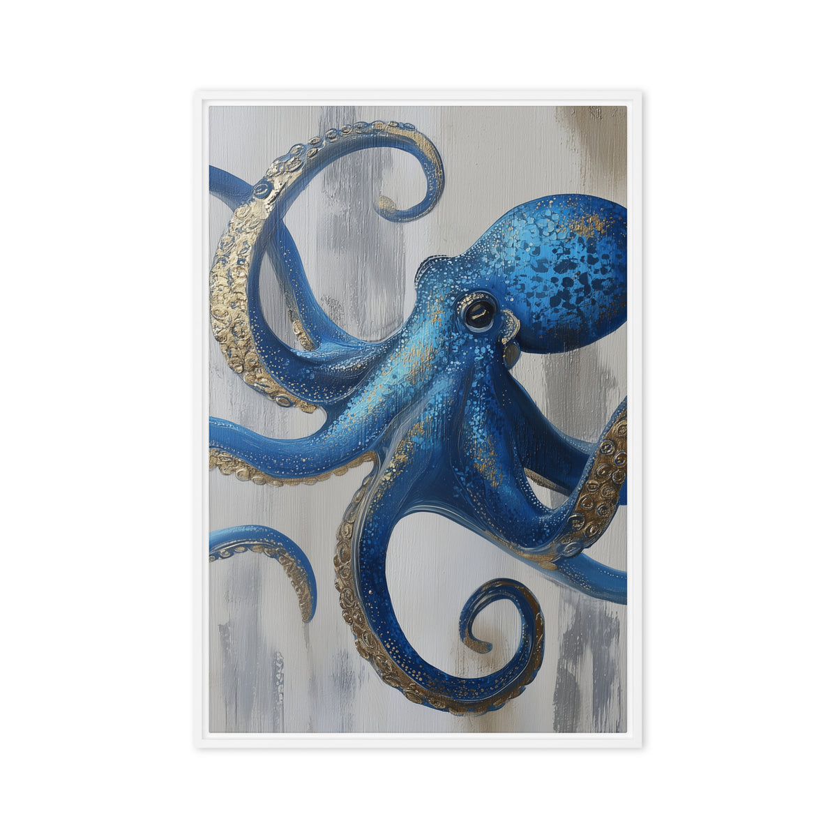 Blue octopus with curling gold-detailed tentacles on pale grey, front view with white frame, 20″×30″ nominal canvas