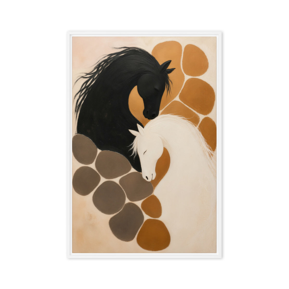 Black and white horses with lowered heads among ochre and taupe shapes on cream, white frame front view, 20 × 30 in nominal width × height