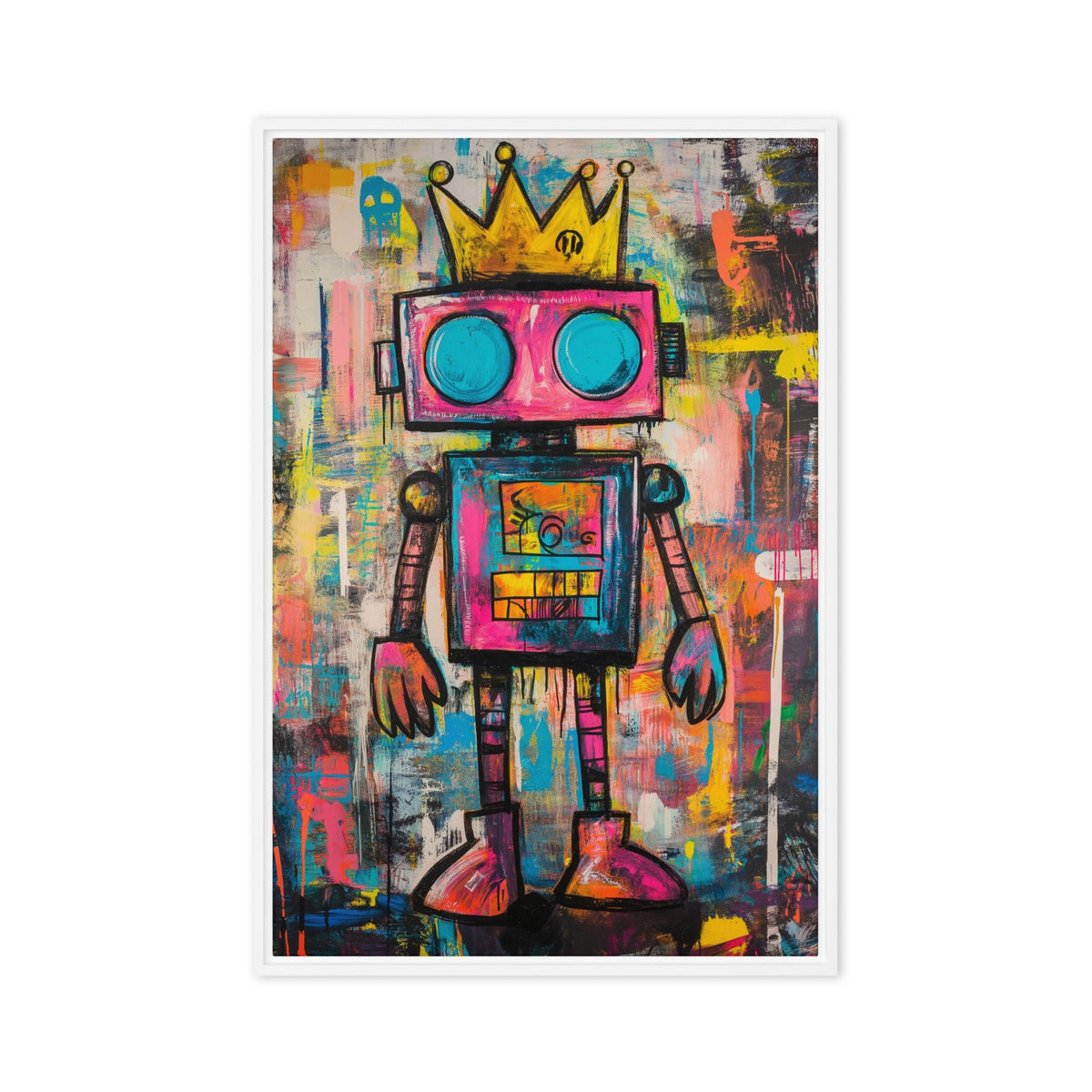 Pink crowned robot with turquoise round eyes against multicoloured graffiti, white frame front view, 20 × 30 in nominal width × height