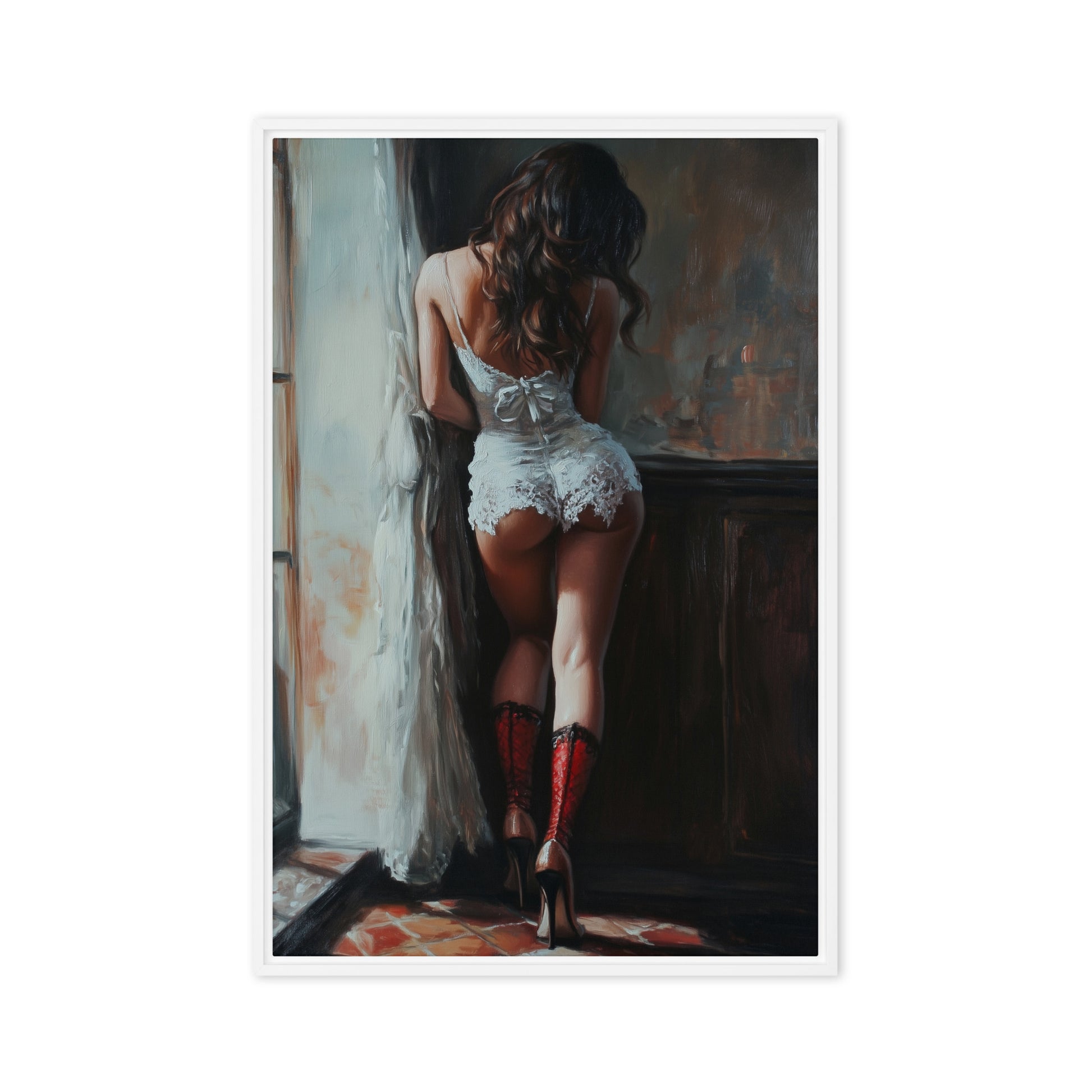 Woman In Lingerie Sensual Art Framed Canvas - PaintFu
