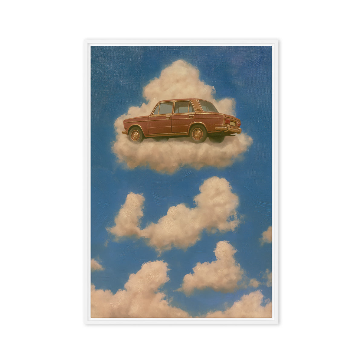 A rust-brown vintage sedan floats on a cream cloud in a blue sky; front view in a white frame, 24 x 36 in canvas
