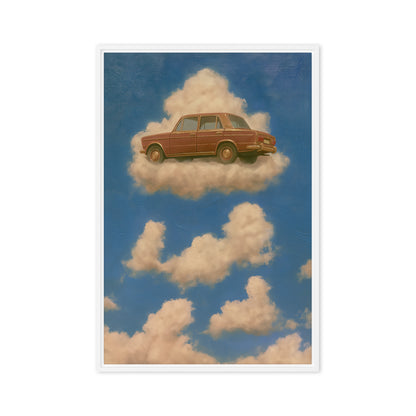 A rust-brown vintage sedan floats on a cream cloud in a blue sky; front view in a white frame, 24 x 36 in canvas