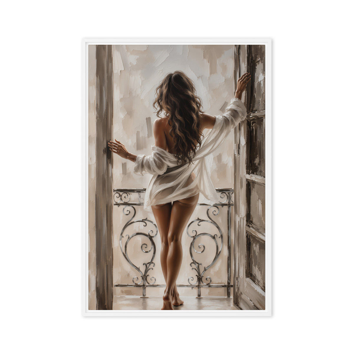 A brunette woman seen from behind stands at an open balcony doorway in a loosely draped white shirt; front view in a white frame, 24 x 36 in canvas