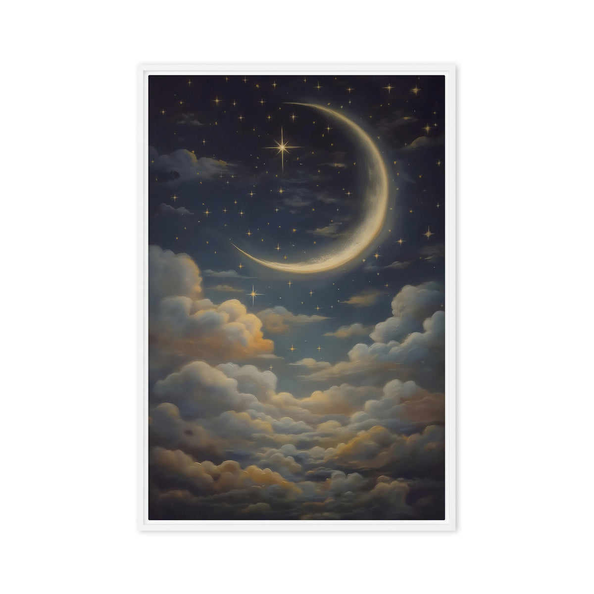 A golden crescent moon and small stars hang above layered clouds in a midnight-blue sky; front view in a white frame, 24 x 36 in canvas