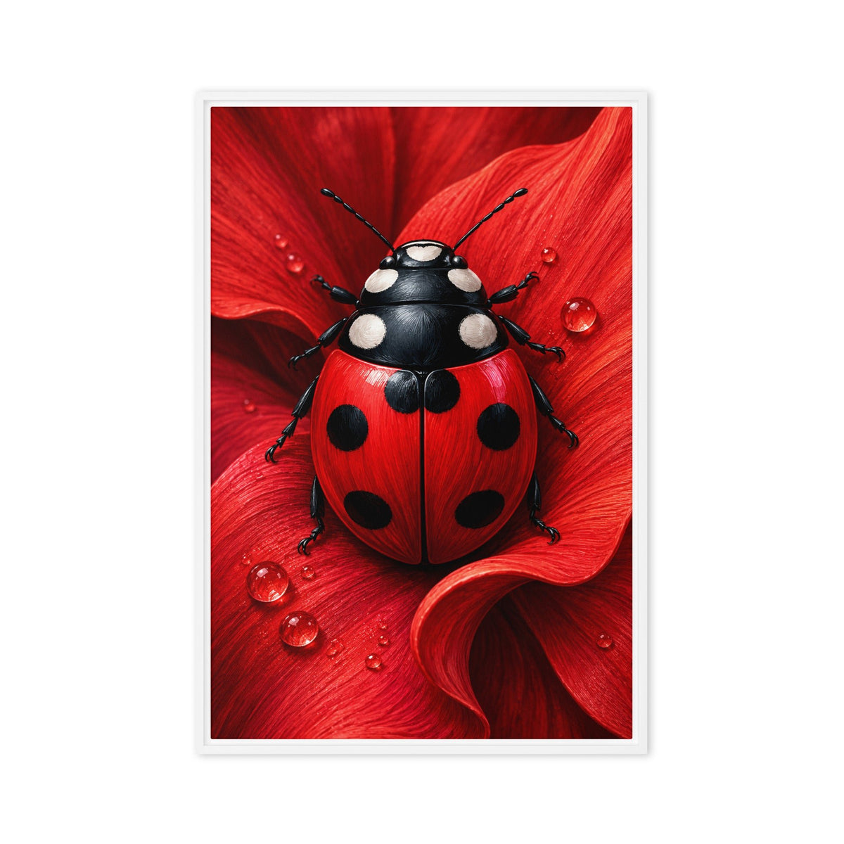 A red and black ladybug rests on a curled red flower petal dotted with water droplets; front view in a white frame, 24 x 36 in canvas